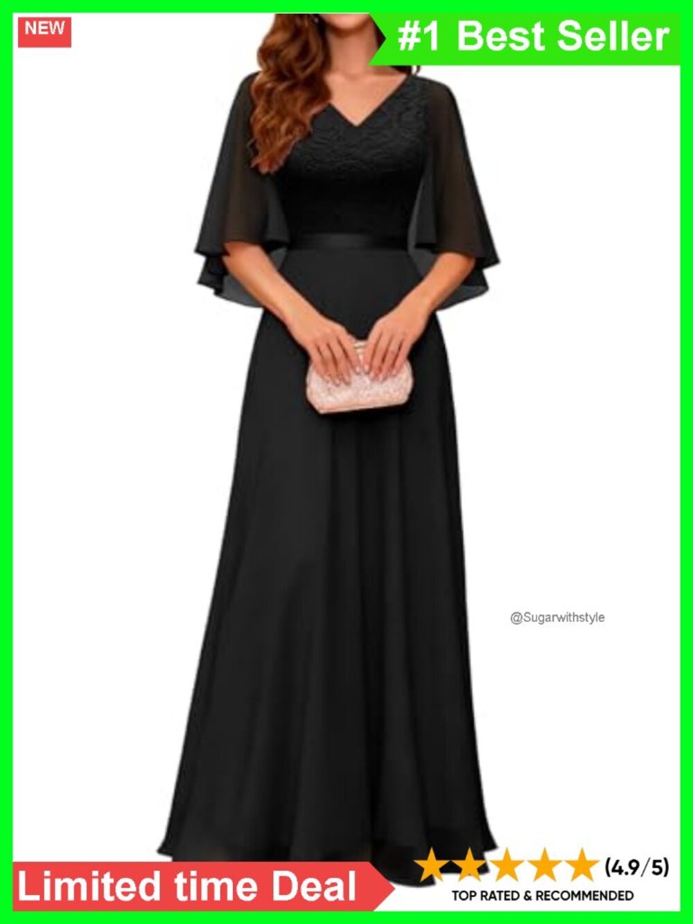 Formal Maxi Dress Double V-Neck Chiffon Cape Sleeve Wedding Guest Evening Gown